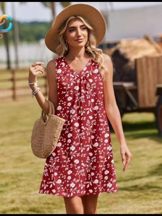 Sleeveless V-Neck Pleated Sundress with Pockets, Knee Length Casual Dress - Picture 3 of 6